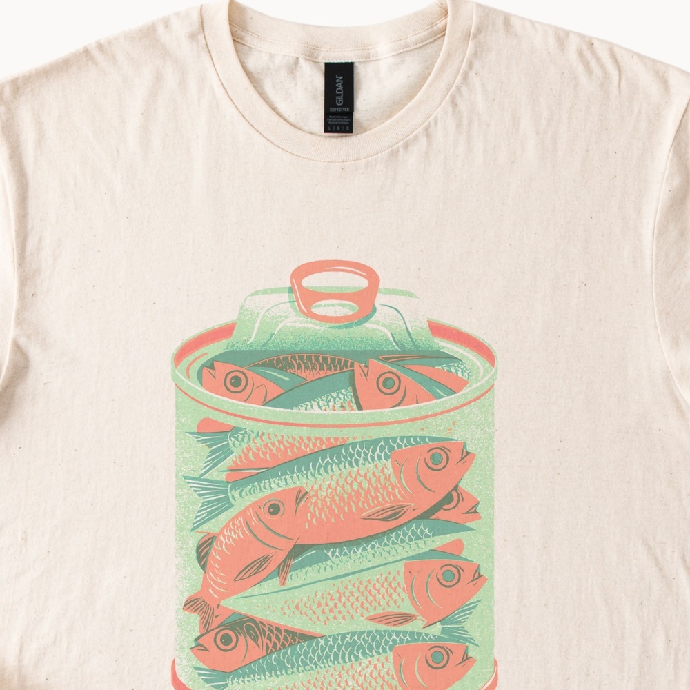 Linocut Style Sardines Vintage Style Retro Animal Tee - Picture 2 of 5